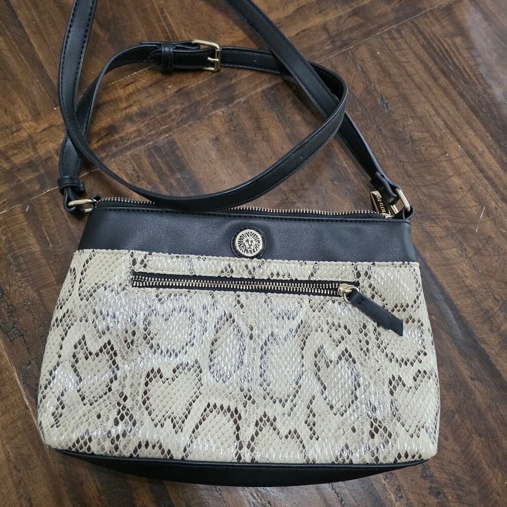 Anne Klein Snake Print Crossbody Bag Black Faux Leather Small Shoulder Handbag